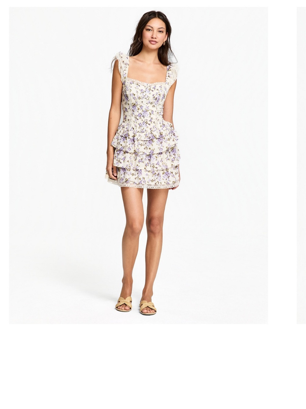 Tiered Floral Mini Skirt in Cream with Lavender Print